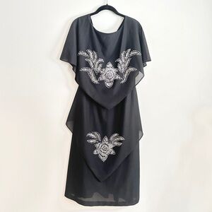 Vintage Gilberto brand three tiered black dress floral silver appliqué M/L